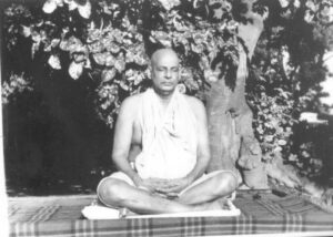 Swami Sivananda meditating peacefully beneath shady tree