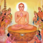 Jain Tirthankara meditating with celestial devotees gathered