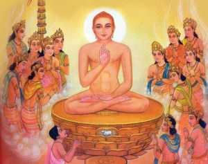 Jain Tirthankara meditating with celestial devotees gathered