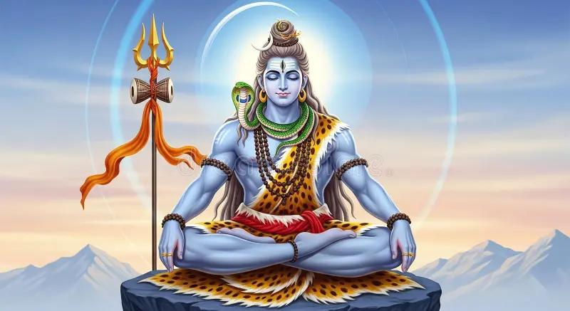 illustration lord shiva meditating snake around his neck holding trident sitting cross legged serene pose 416398250