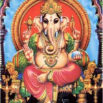 Lord Ganesha sitting on a decorated throne with blessings