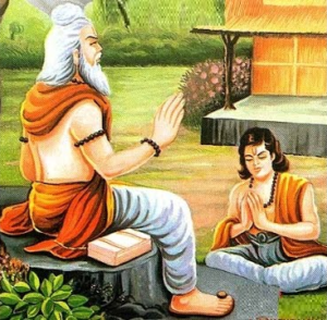 Ancient guru blessing humble disciple with sacred spiritual wisdom