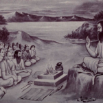 Ancient guru teaching devoted disciples beside sacred river peacefully
