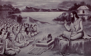 Ancient guru teaching devoted disciples beside sacred river peacefully