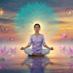 Person meditating peacefully with lotus flowers at sunrise