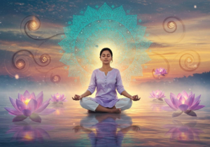 Person meditating peacefully with lotus flowers at sunrise