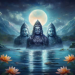 Divine sacred forms reflecting purity above tranquil moonlit waters