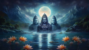 Divine sacred forms reflecting purity above tranquil moonlit waters
