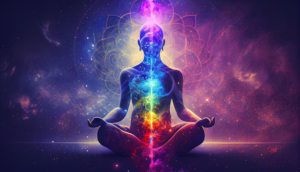 Person practicing spiritual meditation with awakened chakra energy visualization
