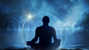 Person meditating beneath starry sky with inner peace