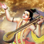 Saint Narada playing veena singing divine devotional hymns joyfully