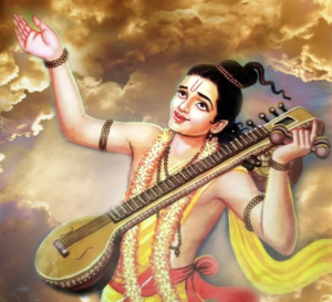 Saint Narada playing veena singing divine devotional hymns joyfully