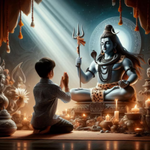 Young devotee praying before Lord Shiva with faith