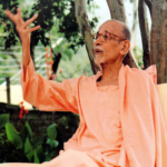 Swami Krishnananda Saraswati delivering profound spiritual wisdom beneath peaceful trees gracefully