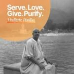 Swami Sivananda sitting with inspirational orange text.