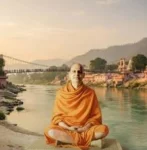 Swami Sivananda meditating peacefully beside a sacred river