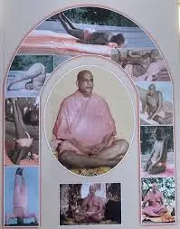 Portrait collage of Swami Sivananda with inspiring moments from his spiritual life and teachings