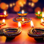 Colorful Deepavali diyas glowing with festive spiritual light