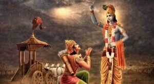 Lord Krishna teaching Arjuna Bhagavad Gita wisdom