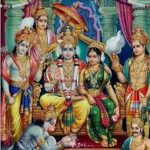 Lord Rama and Goddess Sita seated on the royal throne with Hanuman