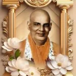 Framed portrait of Hindu spiritual guru with white flowers