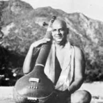 Sri Swami Sivananda seated outdoors with a traditional veena in a serene mountain setting