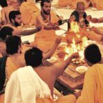 Hindu priests performing sacred Vedic yajna fire ritual