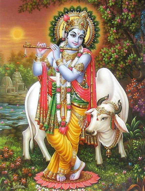 Lord Krishna playing flute beside sacred cow in peaceful Vrindavan landscape