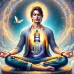 Person meditating with Lord Krishna in the heart radiating divine light