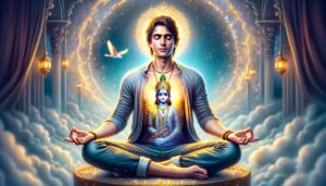 Person meditating with Lord Krishna in the heart radiating divine light