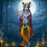 Moonlit Krishna playing divine flute peacefully