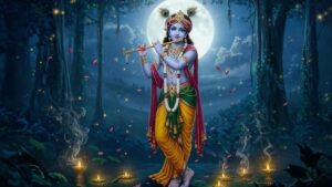 Moonlit Krishna playing divine flute peacefully