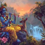 Lord Krishna playing flute beside deer