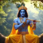 Lord Krishna playing flute beneath sacred tree