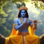 Lord Krishna playing flute beneath sacred tree
