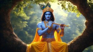 Lord Krishna playing flute beneath sacred tree