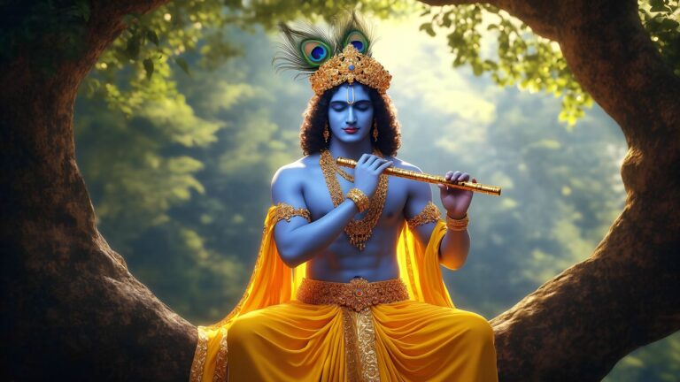Lord Krishna playing flute beneath sacred tree