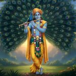 Lord Krishna playing flute before peacock