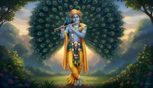 Lord Krishna playing flute before peacock