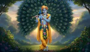 Lord Krishna playing flute before peacock