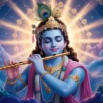 Lord Krishna playing flute among clouds