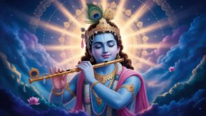 Lord Krishna playing flute among clouds