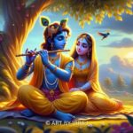 Radha Krishna playing flute beneath tree