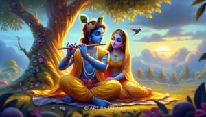 Radha Krishna playing flute beneath tree