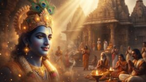 Lord Krishna blessing temple devotees peacefully