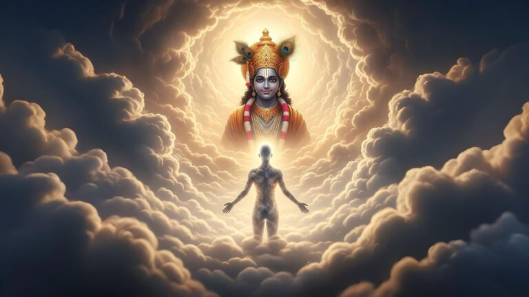Lord Krishna blessing devoted soul spiritually