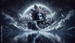 Moonlit Lord Krishna playing divine flute