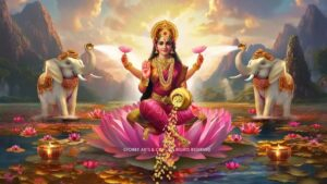 Goddess Lakshmi seated on lotus with elephants