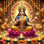 Goddess Lakshmi seated on lotus with diyas