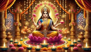 Goddess Lakshmi seated on lotus with diyas